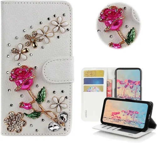 Vista 7 de Bling Wallet - Funda de piel compatible con Google Pixel 6a, elegante, 3D, hecha a mano, diseño floral, diseño floral, con correa para el cuello