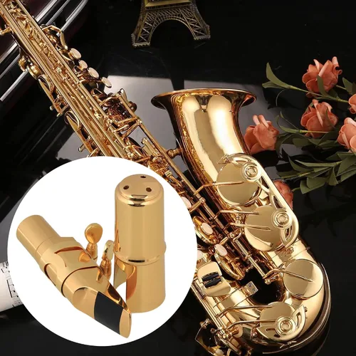 Vista 8 de Yibuy Boquilla de saxofón tenor B-flat de latón chapado en oro con ligadura de tapa 7 #