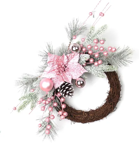 Vista 7 de Corona de Navidad con adornos de bolas para decoración de puerta delantera (corona rosa, 17.7 in)