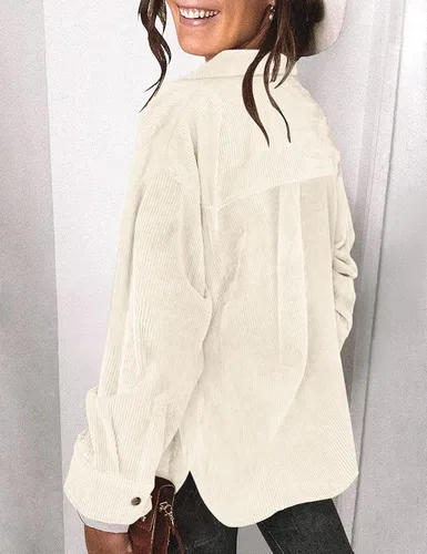 Vista 5 de Saslax Camisa de pana para mujer, de manga larga, con botones, cuello en V, holgada, chaqueta