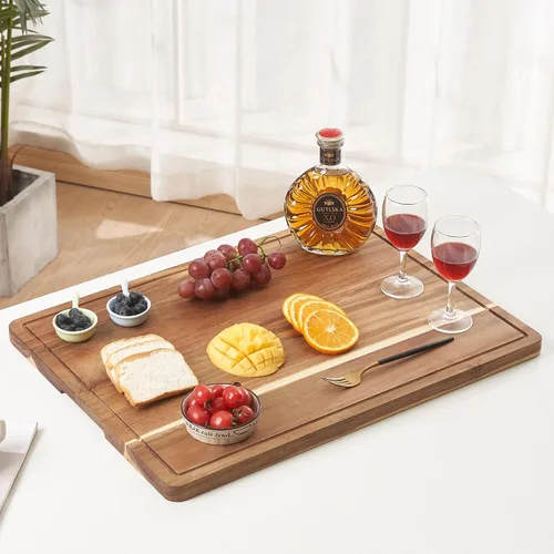 Vista 8 de Tabla de cortar extragrande de madera de acacia con asas, bloque de cortar de cocina con ranura para jugo, tabla de bloque de carnicero, tabla