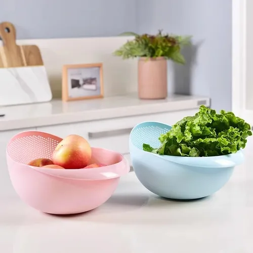 Vista 6 de Colador de plástico para arroz, colador de cocina, con asas, colador de arroz, colador, colador, utensilios de cocina (azul)