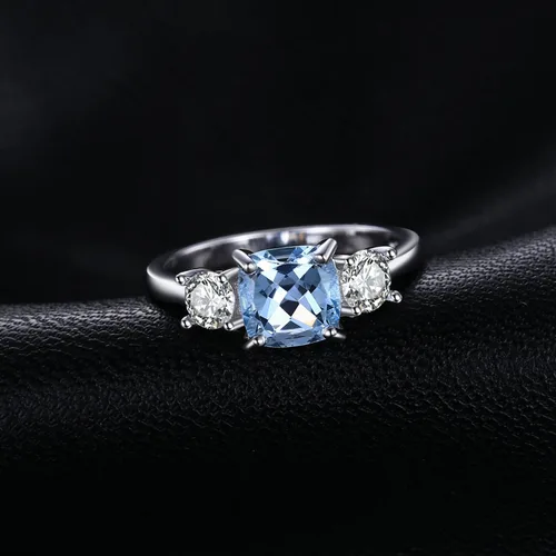 Vista 3 de JewelryPalace Anillos de 2.6ct con topacio azul genuino de corte cojín de 3 piedras para ella, anillo de promesa de 14K chapado en oro blanco 1-latón