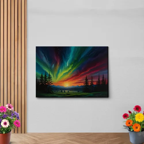 Vista 6 de Aurora Borealis, Northern Lights Art, framed canvas print, snow capped mountain landscape art, synthwave vaporwave, Print On Canvas, Decor
