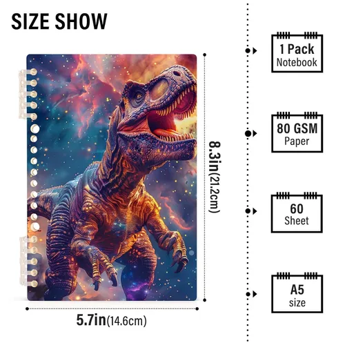 Vista 2 de UMIRIKO Dinosaur T-rex Galaxy Spiral Notebook Journal College Ruled Notebook 8.3"x5.7" Journal with 60 Lined Pages A5 Spiral Notebooks for Women Men