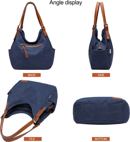 Vista 3 de Worldlyda Women Canvas Hobo Purse Multi Pocket Tote Shopper Shoulder Bag Casual Top Handle handbag with Embroidery Ethnic