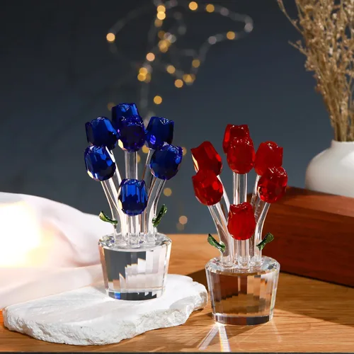 Vista 7 de Movdyka Figura de cristal de rosa roja con florero, ramo de flores, adorno de regalo para esposa, novia, mujer, flor de cristal hecha a mano