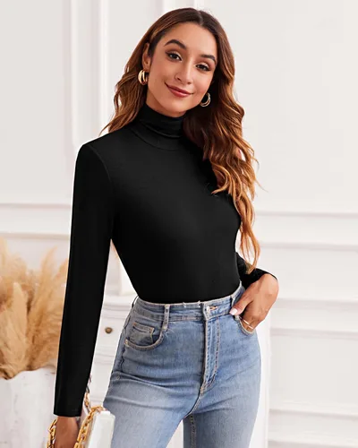 Vista 4 de XSRYT Women Long Sleeve Mock Turtleneck Lightweight Ribbed Knit Shirts Underscrub Pullover Tops