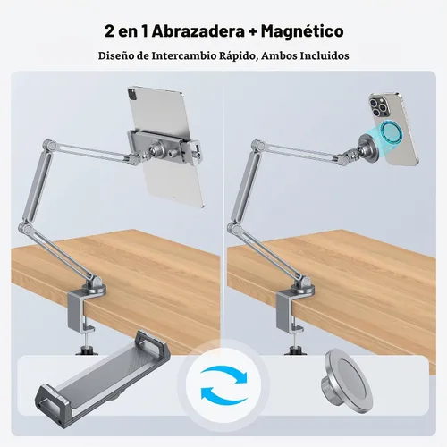 Vista 3 de AboveTEK Soporte para iPad 2 en 1 para escritorio, brazo de aluminio para iPad con abrazadera y cabezal de anillo magnético, soporte ajustable