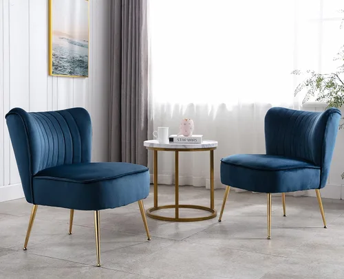 Vista 14 de Shunzhi Juego de 2 sillas decorativas de terciopelo negro con patas doradas, sillas laterales tapizadas modernas de mediados de siglo