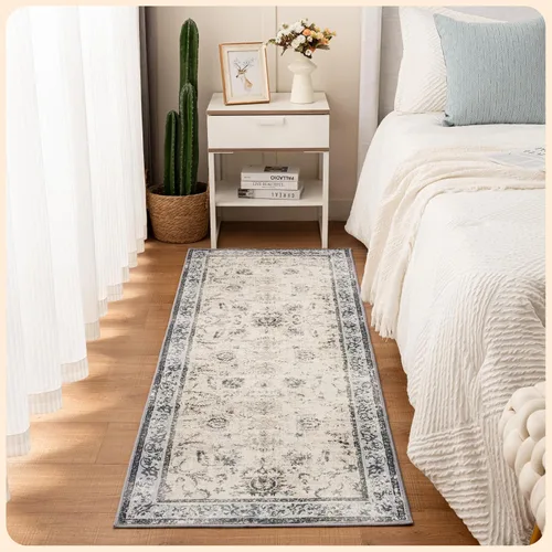 Vista 347 de Istana Alfombra larga antideslizante de 2.5 x 8 para el hogar, para pasillo y cocina, lavable, sedosa y suave al tacto, elegante, color azul y marfil