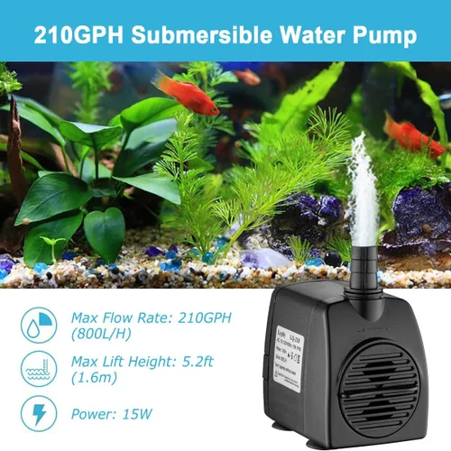 Vista 2 de Bomba de agua sumergible silenciosa 210GPH para fuentes de acuarios con 2 boquillas