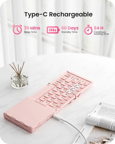 Vista 4 de Artciety - Teclado Bluetooth plegable, portátil e inalámbrico con panel táctil más grande, teclado plegable de bolsillo rosa para MacOS, Android