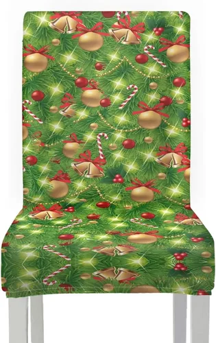 Vista 3 de Rnyleeg Fundas navideñas para sillas de comedor, fundas de asiento de comedor con estampado de campanas brillantes, juego de 1 funda suave y lavable