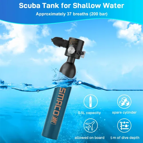 Vista 2 de SMACO Botella de buceo Mini Tanque 0.5L Buceo Botella Soporta 6-10 Minutos Buceo para Buceo o como Botella de Aire de Repuesto
