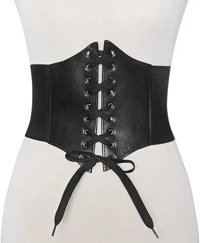 Vista 8 de Negro elástico mujeres atado Waspie corsé cintura cinturón PU cuero adelgazamiento cuerpo cintura superior bajo busto Cinch vestido Faja cordón