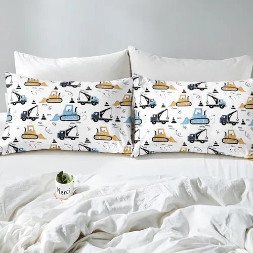 Vista 5 de Juego de sábanas bajeras para niños con diseño de caricaturas para niños, equipamiento para camiones, sábana de cama, excavadora, tractor, blanco