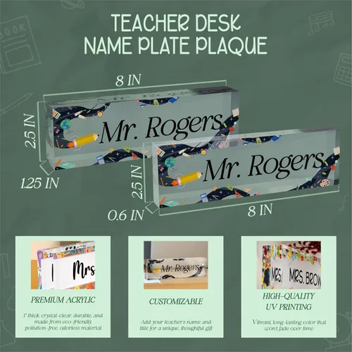 Vista 2 de Placa de nombre personalizada para profesor para escritorio, 12 diseños, 9 fuentes, 2 tamaños, placa de identificación de escritorio de acrílico
