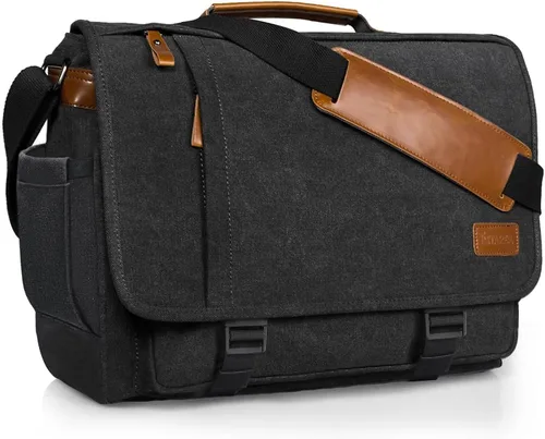 Vista 10 de ESTARER Bolsa de mensajero para laptop de 13 a 14 pulgadas, resistente al agua, bolsa de hombro de lona para universidad de negocios, gris