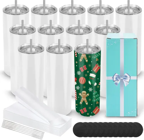 Vista 12 de D·S 1 Paquete Vasos Tumbler de Sublimación 20 oz Delgados Rectos Fondo Plano en Blanco con Caja de Regalo Individual para Transferencia de Calor