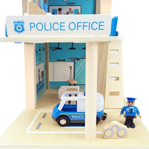 Vista 2 de Juego de juguete de estación de policía de madera, set de casa de muñecas de juego de simulación multicolor de 3 niveles con figuras, coche