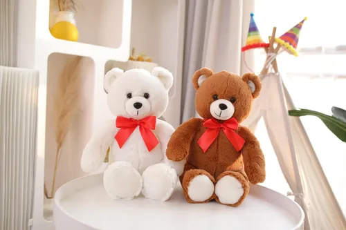 Vista 6 de Plushland Oso esponjoso marrón sentado de 15 pulgadas con lazo, oso de peluche suave para niños y adultos, regalo de animales de peluche para todas
