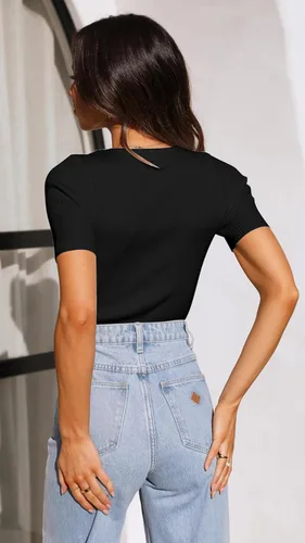 Vista 2 de Camiseta de manga corta acanalada para mujer, de verano, de punto, ajustada, básica, de color sólido
