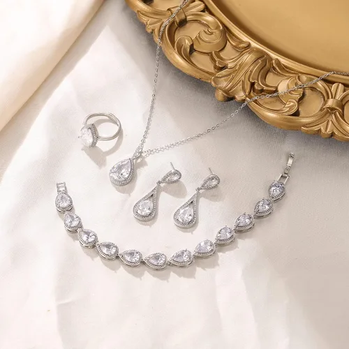 Vista 6 de Flyonce Juego de joyas de boda para novias, damas de honor, brillantes con circonita cúbica, colgante de lágrima, aretes colgantes, anillos