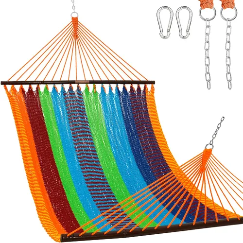 Vista 12 de Lazy Daze Hammocks Hamaca doble de cuerda caribeña de 10.5 pies para 2 personas, hamaca de poliéster tejida a mano con barras separadoras
