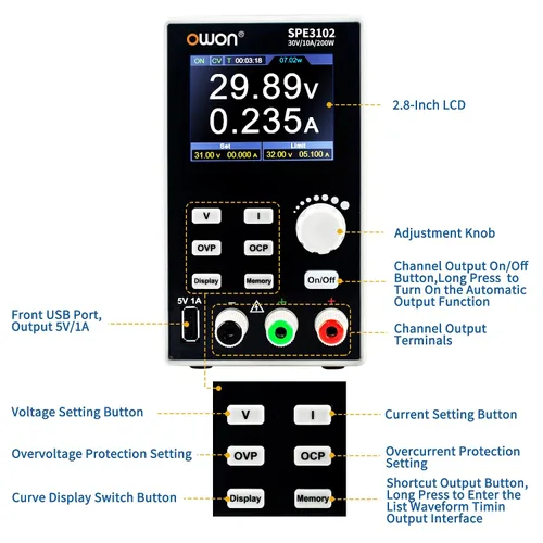 Vista 5 de OWON SPE3102 Fuente de alimentación programable de laboratorio (0-30V 0-10 A), fuente de alimentación CC de banco de 200 W con pantalla LCD de 2.8