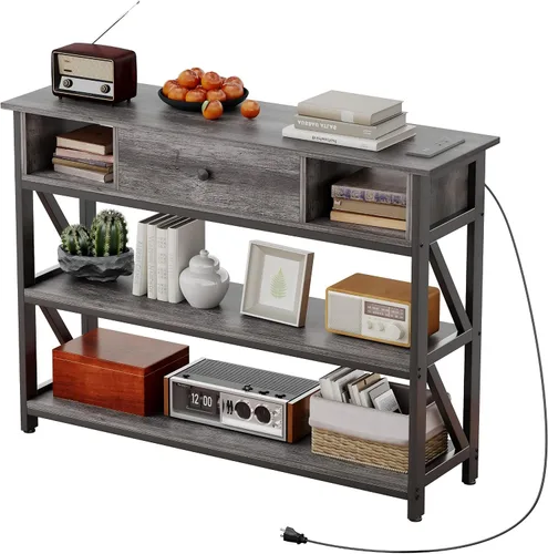 Vista 13 de Mexin Mesa de sofá consola de 39 pulgadas con cajón, mesa de entrada con estantes de almacenamiento, mesa de pasillo de madera industrial para sala