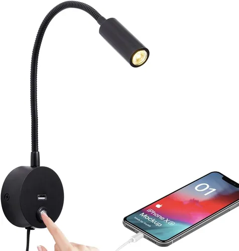 Vista 10 de Luz de lectura regulable montada en la pared con puerto de carga USB, luz de lectura LED enchufable, lámparas de pared con cuello de cisne flexible
