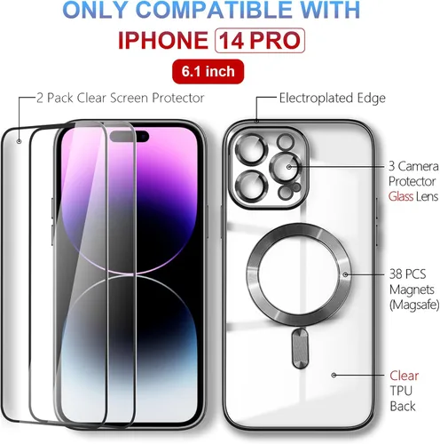 Vista 3 de Magsafe - Funda magnética transparente para iPhone 14 Pro con protector de pantalla y funda para cámara, galvanizada transparente para Negro