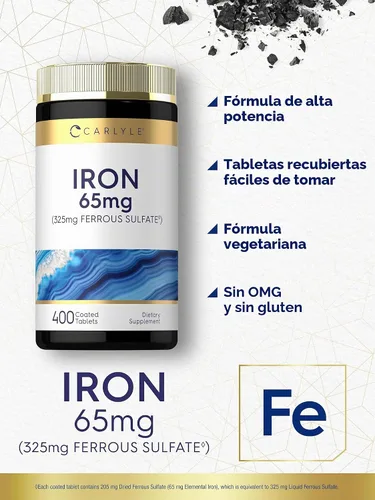 Vista 4 de Carlyle Sulfato ferroso de hierro 325 mg, 65 mg 400 Tabletas