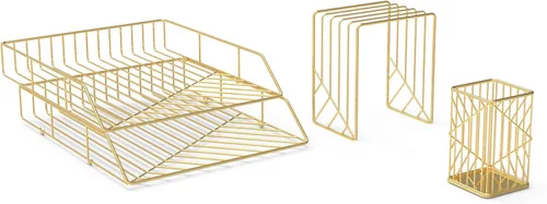 Vista 2 de U Brands Kit de organización de escritorio de metal, colección Vena, taza, clasificación y 2 bandejas incluidas, dorado (3940U00-01)