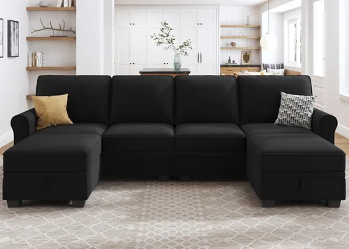 Vista 9 de HONBAY Sofá modular convertible con almacenamiento en forma de U con diván reversible para sala de estar, negro medio negro (Mid Black)