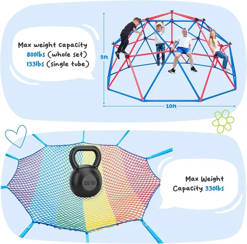Vista 4 de Hapfan Cúpula de escalada con red de carga de escalada, cúpula de 10 pies de gimnasio de la jungla con hamaca para niños, juego al aire libre