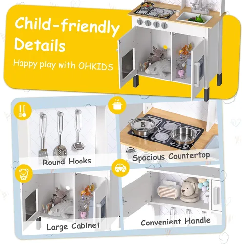 Vista 3 de Juego de cocina, cocina de madera para niños pequeños con grifo, fregadero, máquina de hielo, juguetes de cocina, alturas ajustables, estufa, cocina