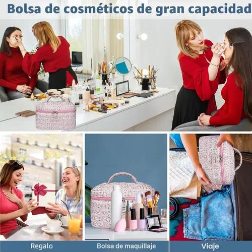 Vista 6 de Gosect Bolsa de maquillaje grande, bonita bolsa de cosméticos para mujeres y niñas, bolsa de aseo estética de coqueta floral, bolsa organizadora