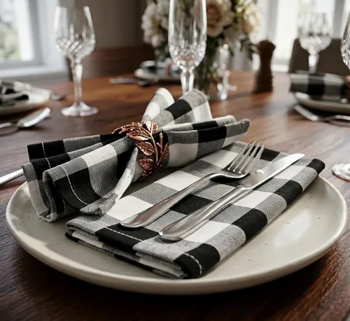 Vista 3 de Servilletas de tela reutilizables para cena en negro y blanco, juego de 12 servilletas de tela de algodón a cuadros de gingam de 16x16 pulgadas