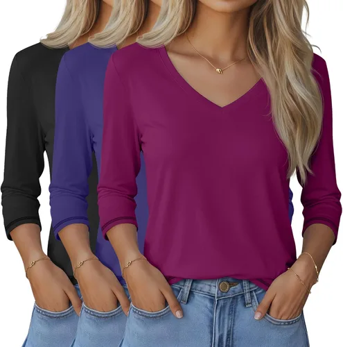 Vista 13 de Ficerd Paquete de 3 camisetas de manga 3/4 para mujer, cuello en V, blusas holgadas, blusas casuales, ropa de moda 2026