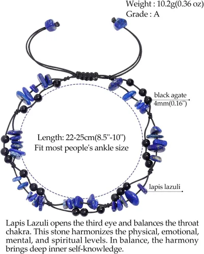 Vista 2 de Jewever Tobillera de ágata negra natural en capas, con cuentas de piedras reales, pulseras de tobillo reales para mujer, cristales curativos