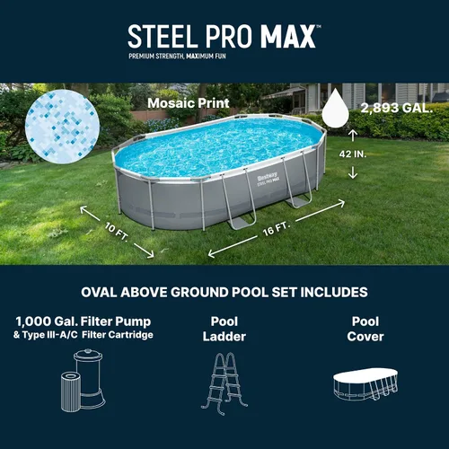 Vista 3 de Bestway 56655E Power Steel - Juego de piscina de 16 x 10 x 42 pulgadas, marco ovalado para exteriores sobre el suelo, con bomba de filtro