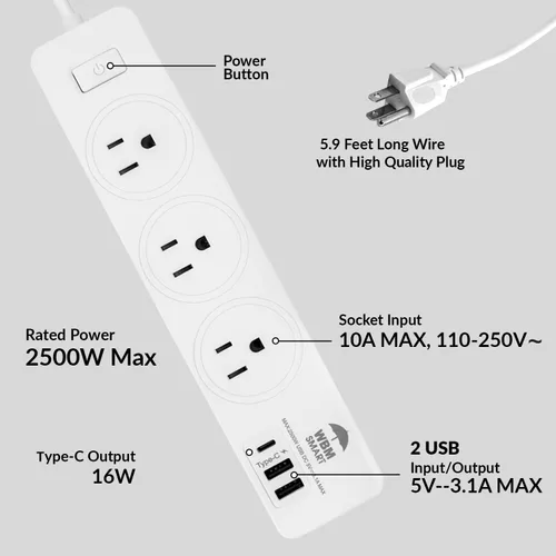 Vista 4 de WBM Smart Regleta de alimentación de 5.9 pies y 10 A, enchufe de cable de extensión con 2 puertos USB y 1 enchufe tipo C, certificado ETL, extensor