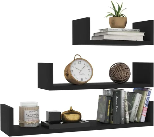Vista 4 de 3-Piece Black Wall Display Shelf Set, Engineered Wood Large Wall-Mounted Shelves for Living Room, Bedroom, Kitchen, Office, Modern Matte Finish