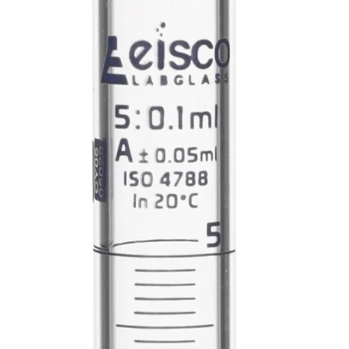 Vista 2 de Cilindro graduado, 5 ml - Tolerancia de clase A ±0,05 ml - Base redonda - Graduaciones azules - Vidrio de borosilicato 3.3 - Eisco Labs