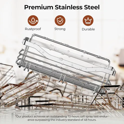 Vista 8 de Orimade Cesta de ducha con 5 ganchos, organizador de baño, estante de almacenamiento de cocina, adhesivo montado en la pared, sin perforaciones