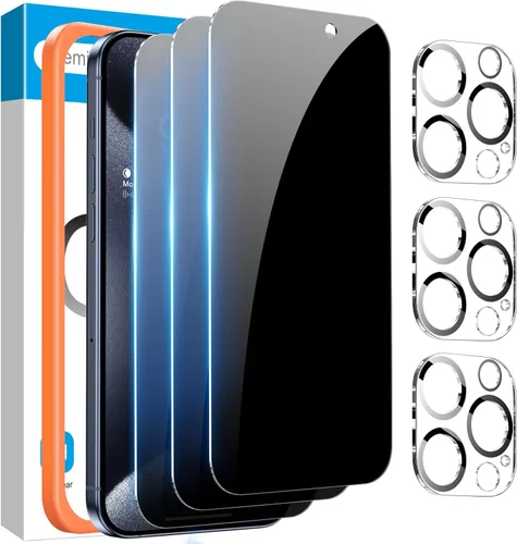 Vista 11 de Fotbor [Paquete de 3+3] Protector de pantalla de privacidad para iPhone 13 Pro Max con protector de lente de cámara, cobertura completa privada