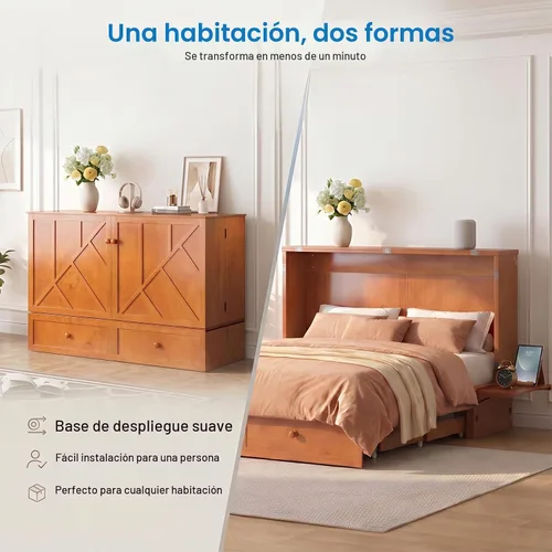 Vista 9 de Mjkone Armario de cama Queen Murphy, cama de pecho Murphy con cajón de almacenamiento, estación de carga USB, panel de noche, camas convertibles