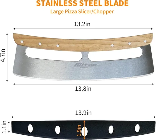 Vista 2 de ALLTOP Cortador de pizza Rocker – Hoja de corte de acero inoxidable de alto rendimiento con mango de madera de una sola pieza – Accesorio de pizza